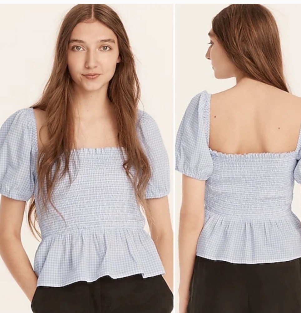 NEW J. Crew square neck smocked cotton voile top gingham peasant cottage 3X
